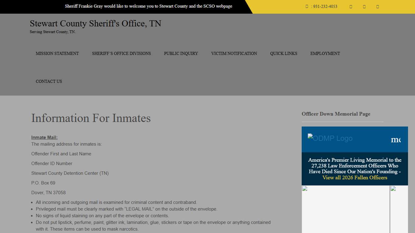 Information For Inmates – Stewart County Sheriff's Office, TN
